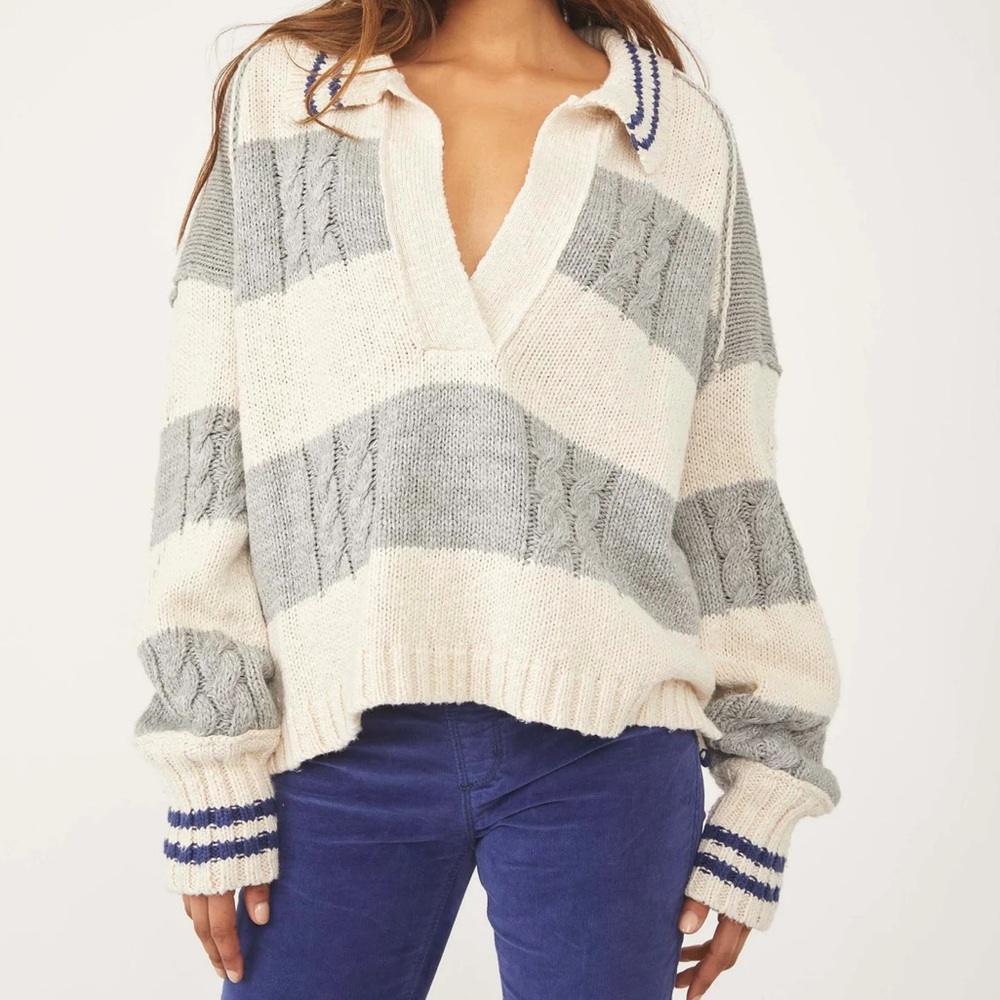 Free People Gray and White V-Neck Sweater